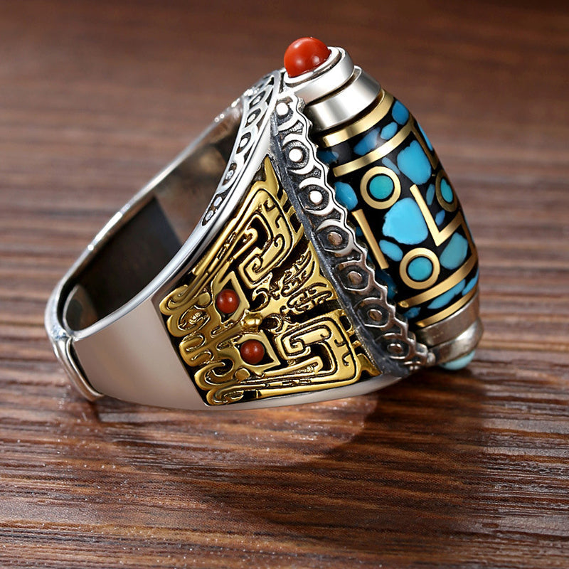 Unisex Turquoise Six-Character Mantra Dzi Bead Ring, vintage spiritual spinner design, adjustable fit