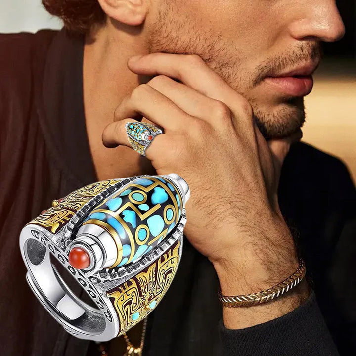 Close-up of Turquoise Dzi Bead Ring with engraved six-character mantra, unique spiritual jewelry