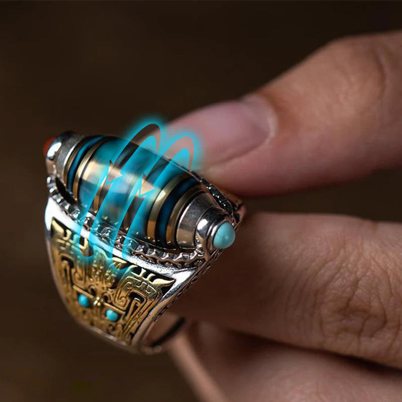 Adjustable Dzi Bead Ring for men and women, featuring natural turquoise and mantra inscription