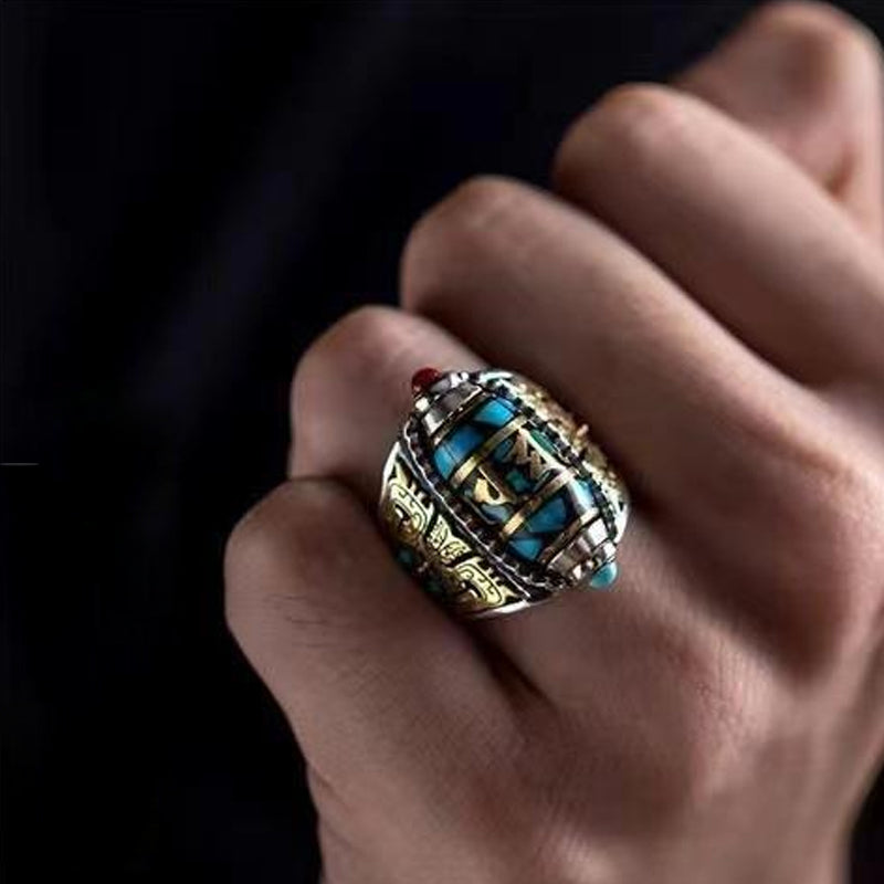 Vintage-style spinner ring with turquoise Dzi bead, six-character mantra, perfect unisex gift