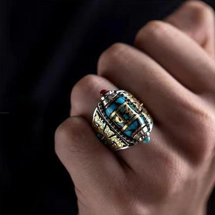 Vintage-style spinner ring with turquoise Dzi bead, six-character mantra, perfect unisex gift