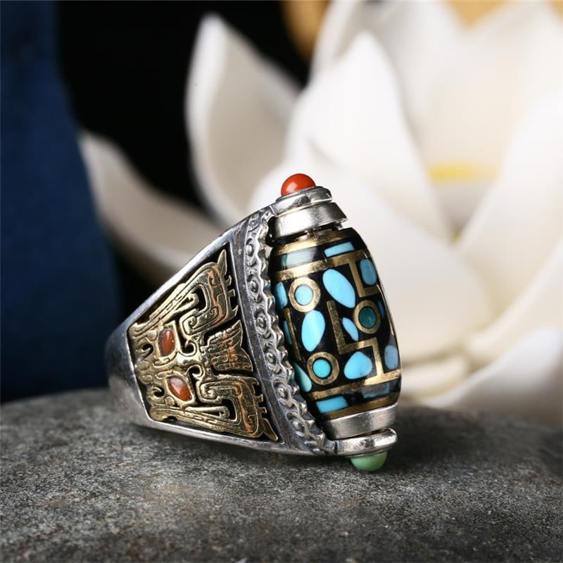 Spiritual turquoise ring, six-character mantra Dzi bead detail, adjustable fit for comfort