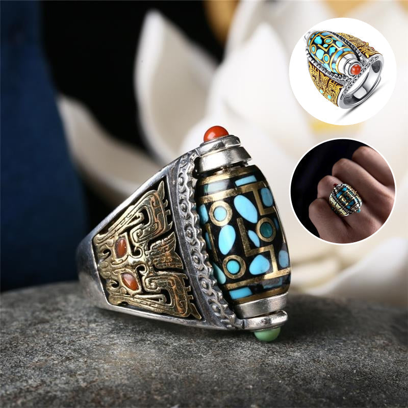 Hand modeling a unisex adjustable turquoise Dzi bead ring with six-character mantra engraving