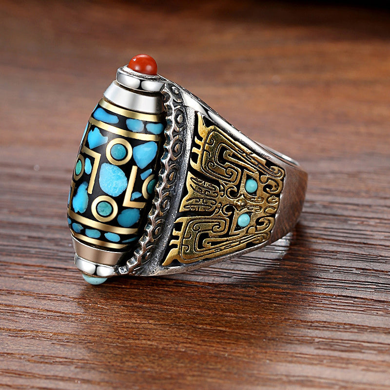 Engraved six-character mantra on a polished turquoise Dzi bead ring, vintage unisex style