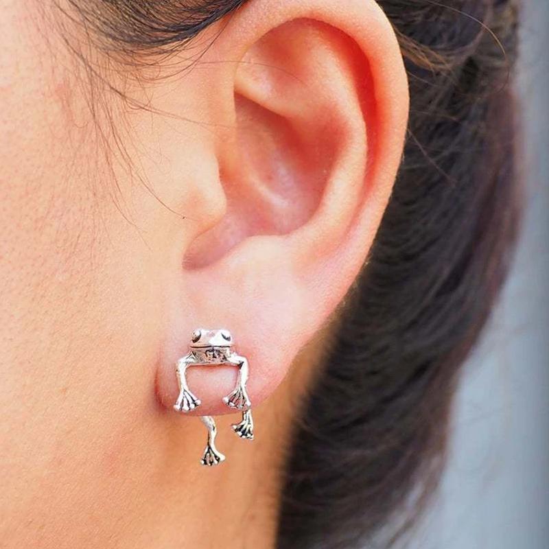 Unisex Two-Way Frog Ear Jacket Earrings, vintage style silver jewelry for animal lovers