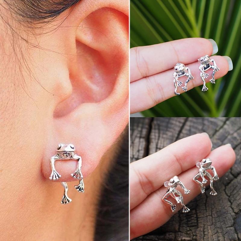 Detailed silver frog earrings, unique ear jacket design, perfect novelty gift idea