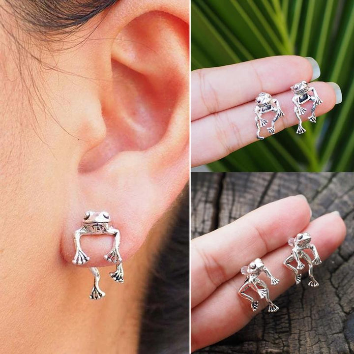 Detailed silver frog earrings, unique ear jacket design, perfect novelty gift idea