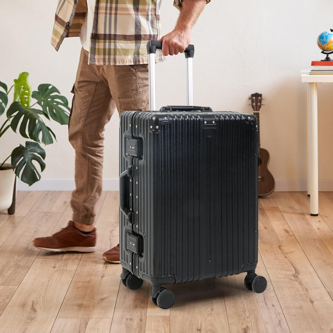 Close-up of silent spinner wheels on a durable unisex carry-on luggage, perfect for airport travel.