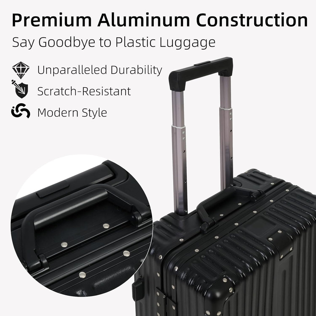 Detail of the integrated TSA lock on an airport-friendly, hard shell unisex carry-on travel bag.