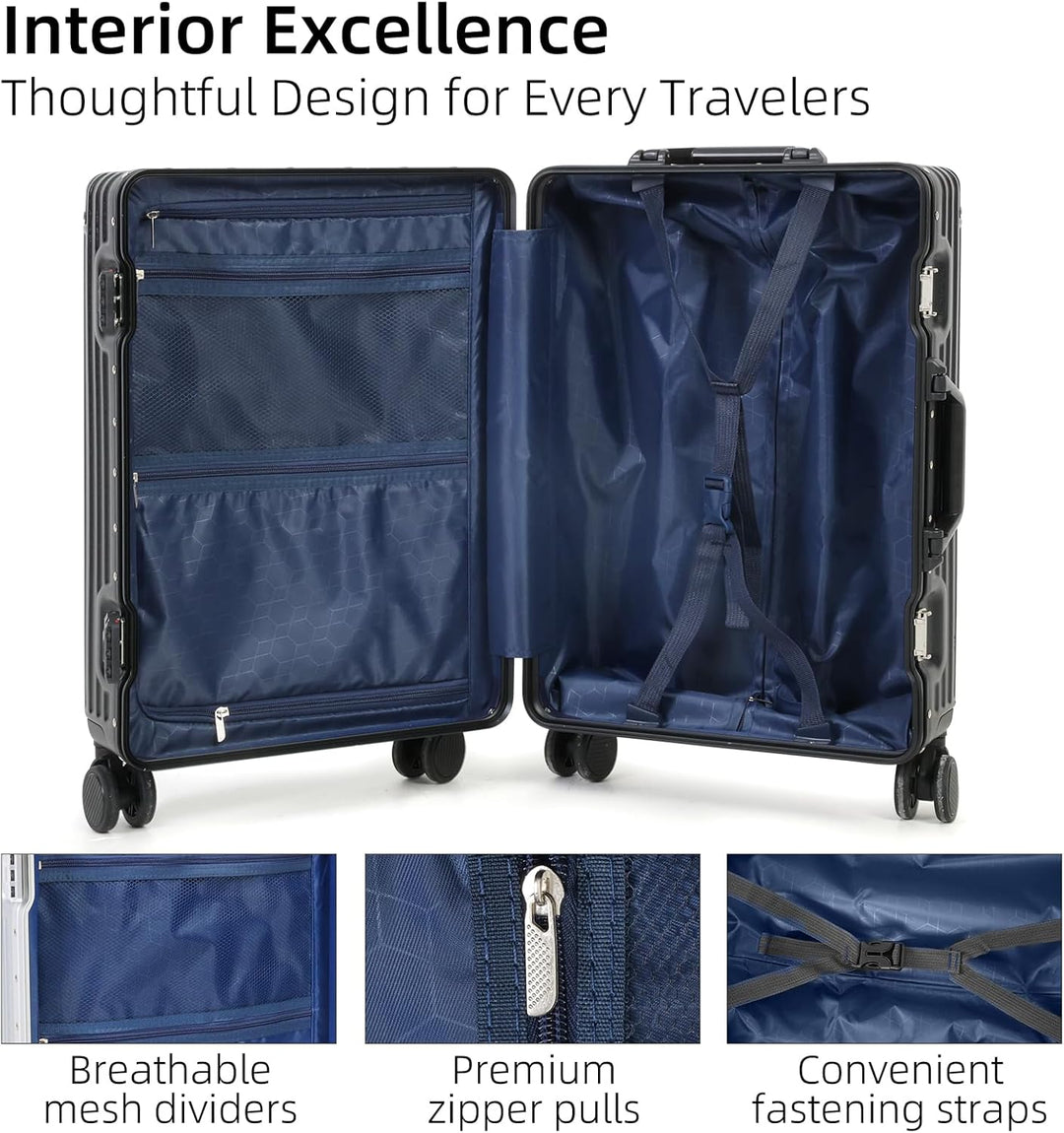 Sleek unisex carry-on luggage with silent spinner wheels, ready for airport adventures & business travel.