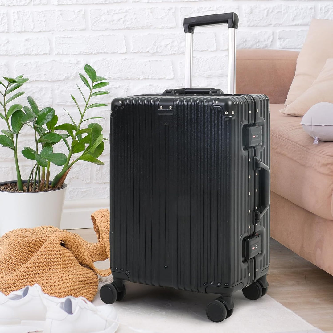 Modern unisex carry-on luggage featuring a durable hard shell, TSA lock, & silent spinner wheels for easy travel.