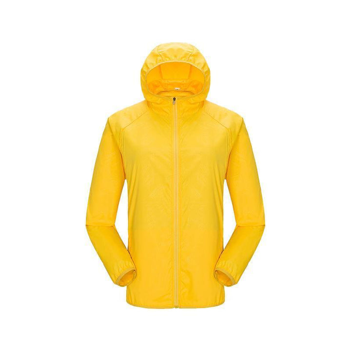 Compact folded windbreaker, ready for packing into a backpack or travel bag.