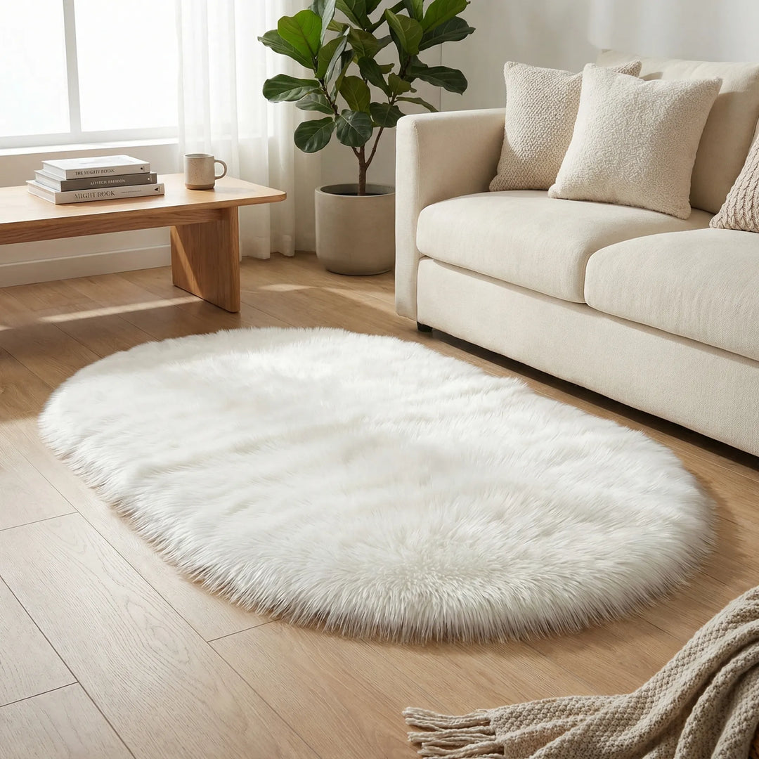 Unisex Ultra-Soft Oval Plush Area Rug, perfect for cozy living room or bedroom decor.