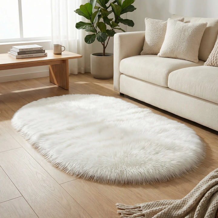 Unisex Ultra-Soft Oval Plush Area Rug, perfect for cozy living room or bedroom decor.