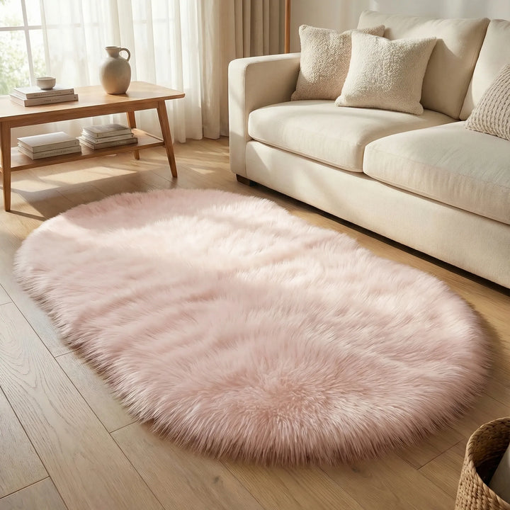 Statement Flowique oval plush area rug, ultra-soft faux fur for cozy bedroom or living room.