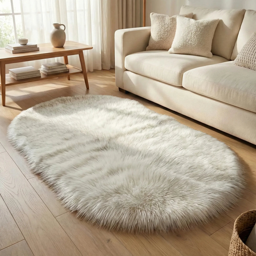 Flowique Statement Oval Plush Area Rug, ultra-soft faux fur for modern cozy bedroom decor.