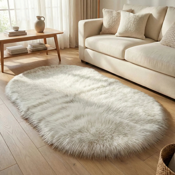 Flowique Statement Oval Plush Area Rug, ultra-soft faux fur for modern cozy bedroom decor.