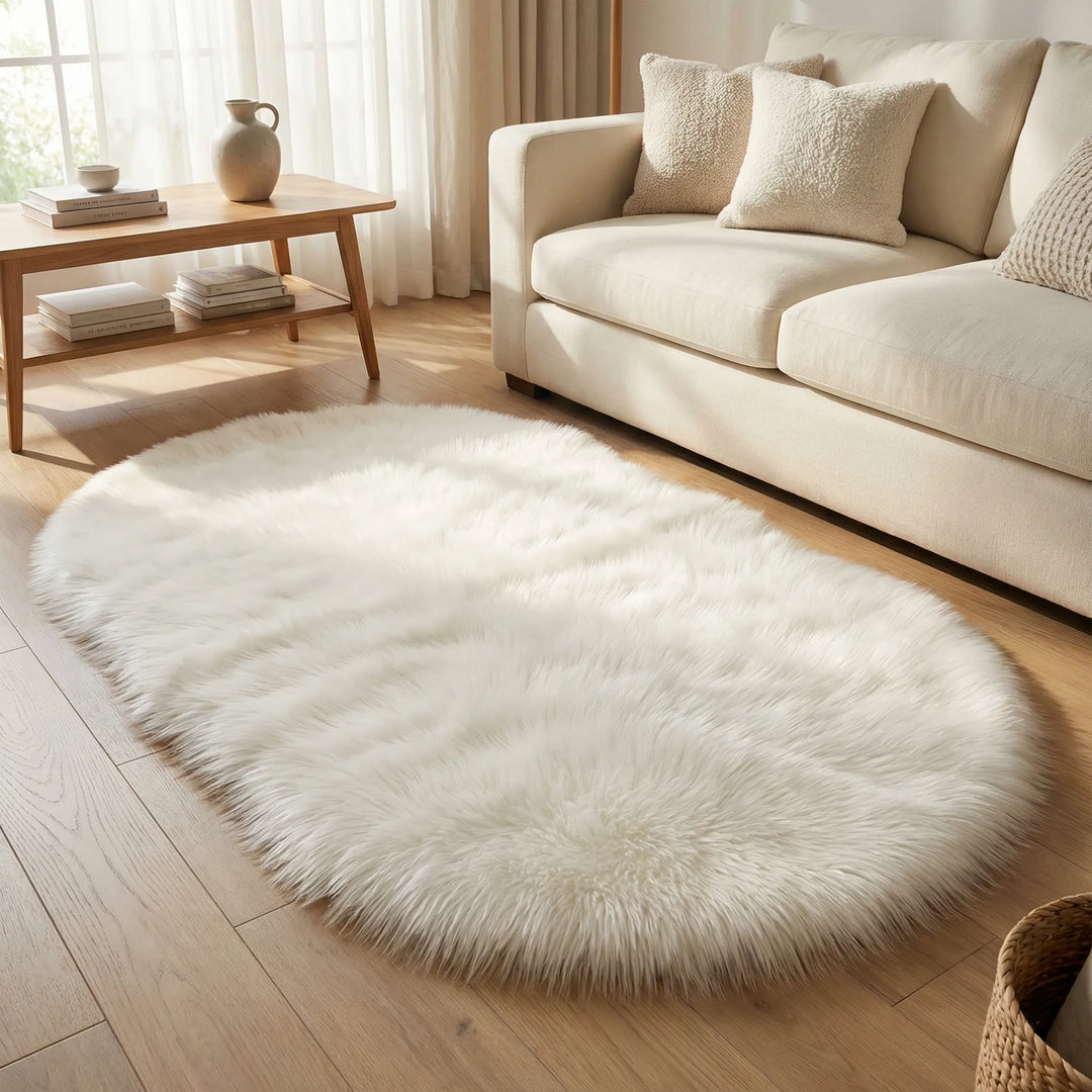 Plush oval area rug, ideal for a cozy living room accent or soft bedroom decor.