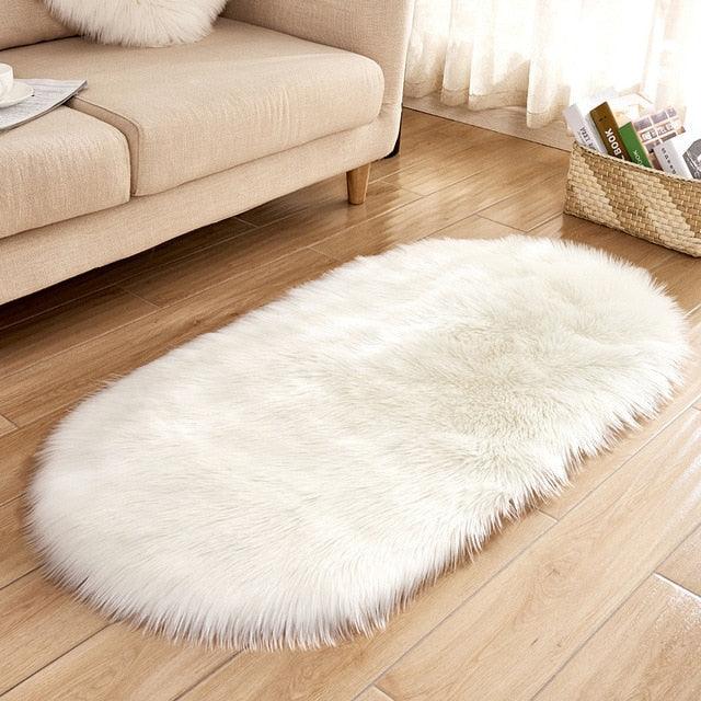Ultra-soft faux fur oval rug, a luxurious and plush addition to your home decor for coziness.