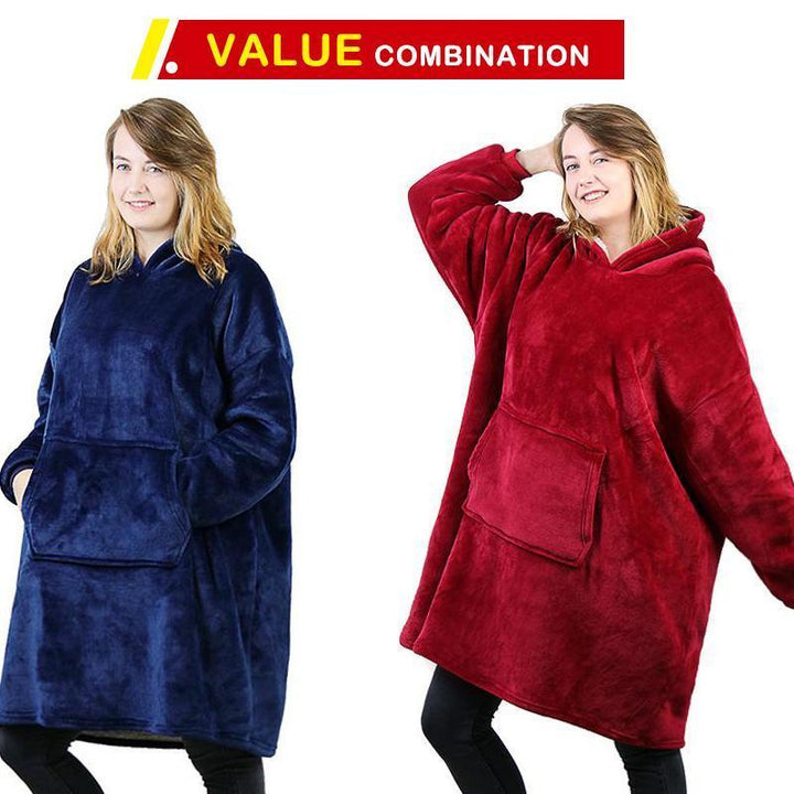 Happy person smiling while wearing a comfortable and warm unisex wearable blanket hoodie