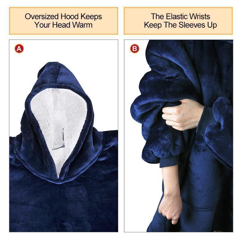 Soft wearable blanket sweatshirt featuring a large front pocket, ideal for keeping hands warm