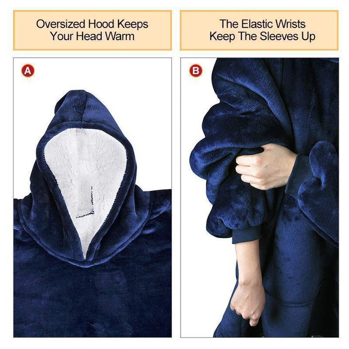 Soft wearable blanket sweatshirt featuring a large front pocket, ideal for keeping hands warm