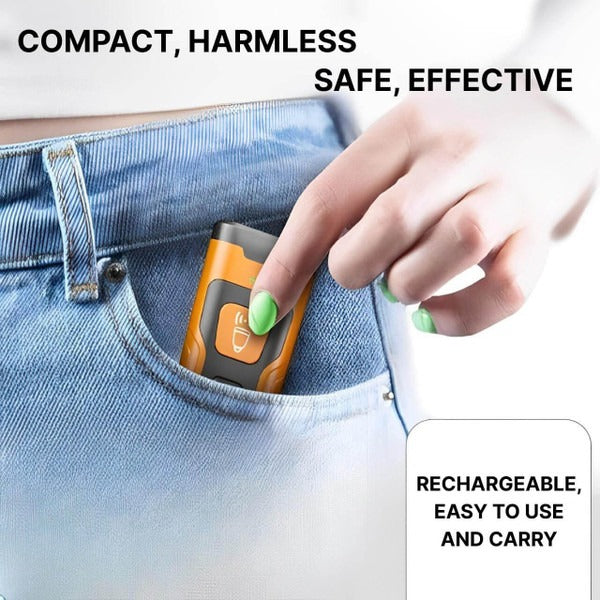 Handheld ultrasonic bark control gadget for humane dog training.