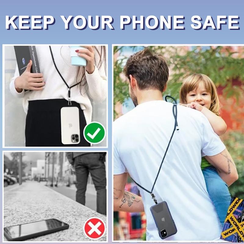 Person wearing a black and white striped detachable phone lanyard around their neck, illustrating hands-free use.