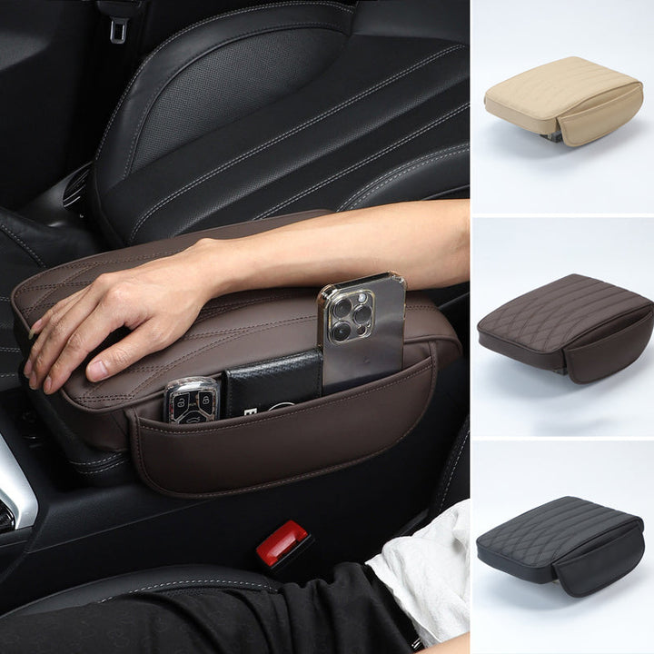 Detailed stitching on a leather car armrest pad, showcasing quality auto accessory craftsmanship.
