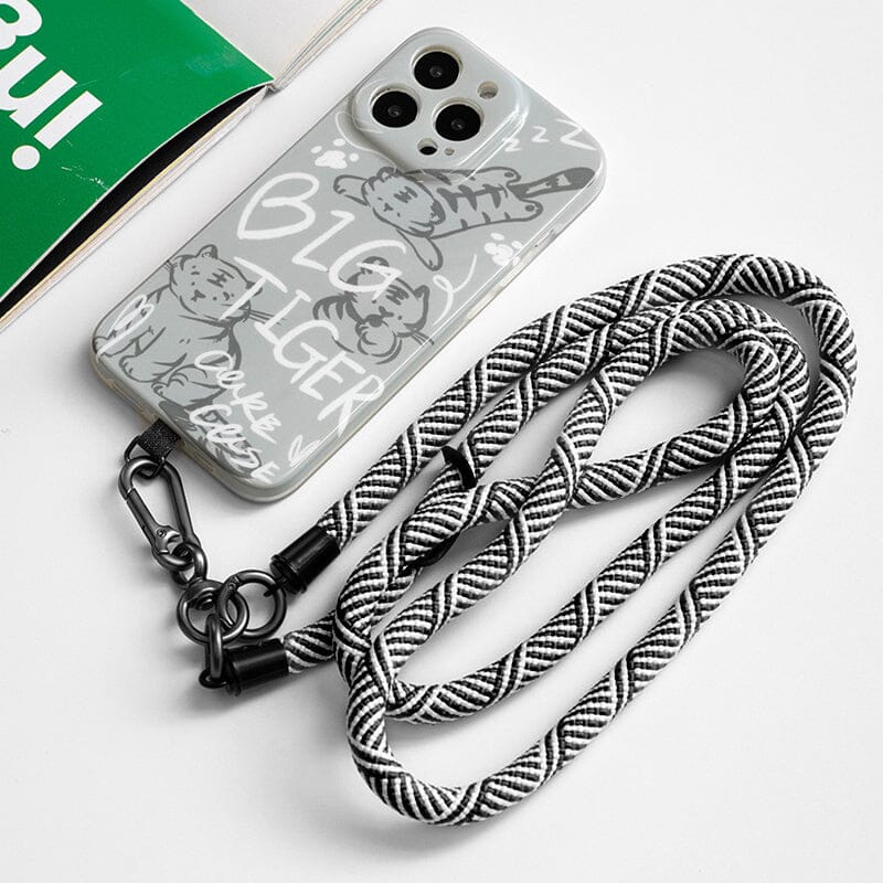 Multiple Universal Phone Crossbody Lanyards in various colors: black, blue, red, brown, gray, nylon straps.