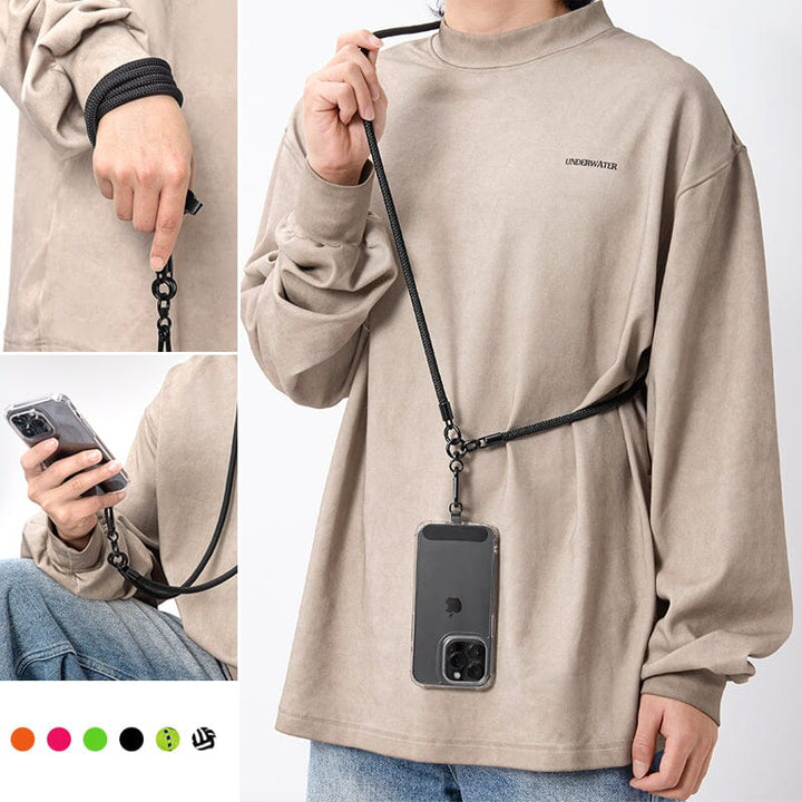 Person wearing a Universal Phone Crossbody Lanyard across their body, demonstrating hands-free convenience.