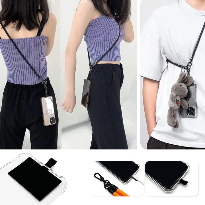 Unisex phone lanyard with a clear phone patch insert, showcasing universal compatibility with any phone case.