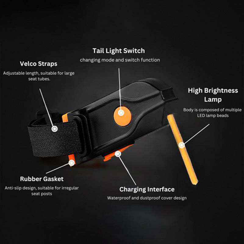 Rear bike safety light, glowing red LED, easily attaches to seatpost, USB powered