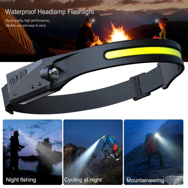 Unisex USB rechargeable LED headlamp, 230-degree wide beam, for camping and outdoor activities