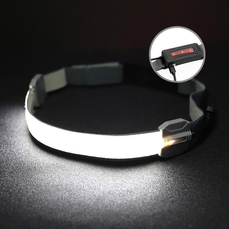 Side view of modern USB rechargeable headlamp, showing power button and sleek design for adventurers