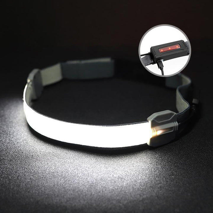 Side view of modern USB rechargeable headlamp, showing power button and sleek design for adventurers
