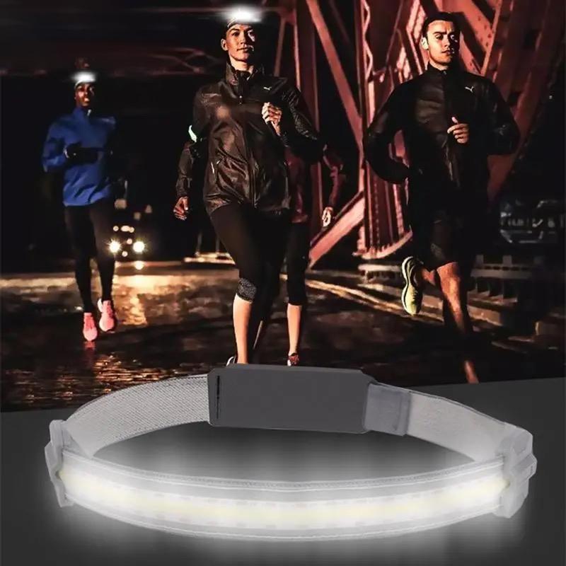 Hands-free LED headlamp illuminating a dark trail, emphasizing its function for outdoor exploration