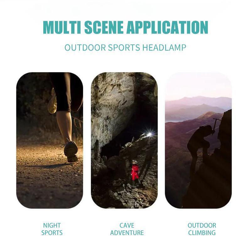 Packaging of a unisex LED headlamp, highlighting its rechargeable feature and use for camping