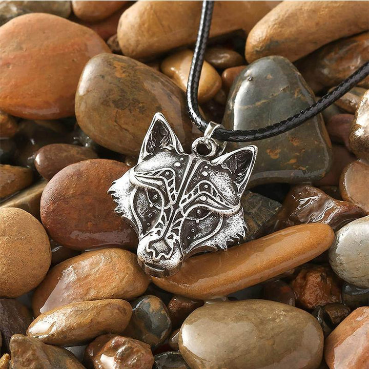 Close-up of Viking Wolf Head Necklace, powerful strength symbol, unisex animal pendant, silver alloy