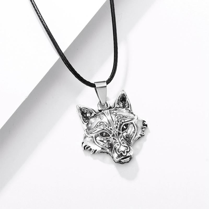 Wolf head pendant focusing on intricate details, part of a unisex Viking strength necklace, alloy material