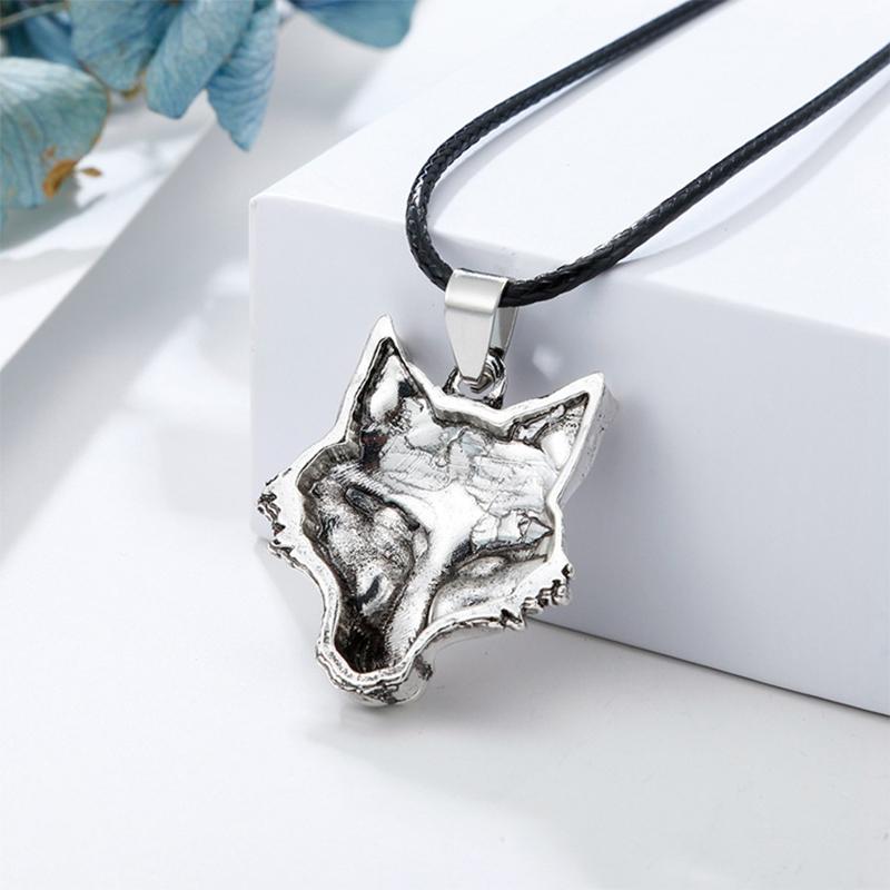 Full view of Viking Wolf Head Strength Necklace on display, striking unisex animal jewelry, silver alloy