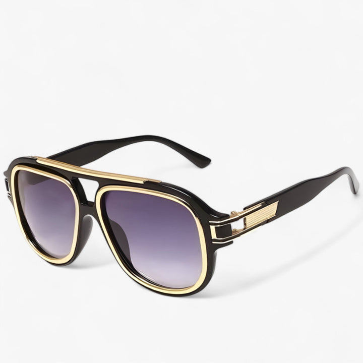 Close-up of stylish unisex vintage sunglasses, black frame, showcasing skin-friendly comfort & UV400 lenses.