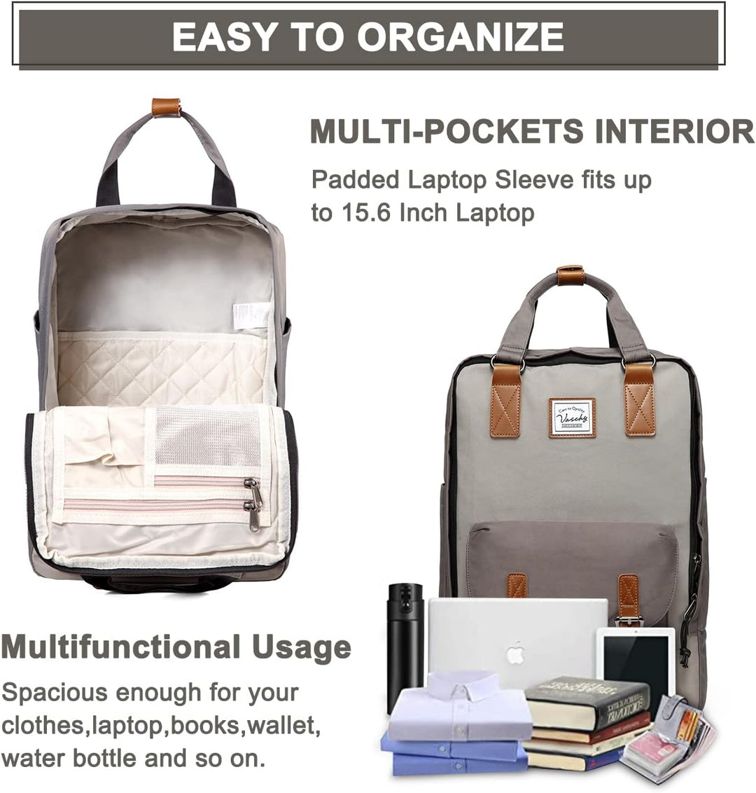 Durable commuter laptop backpack, vintage aesthetic, with spacious compartments for students & pros.