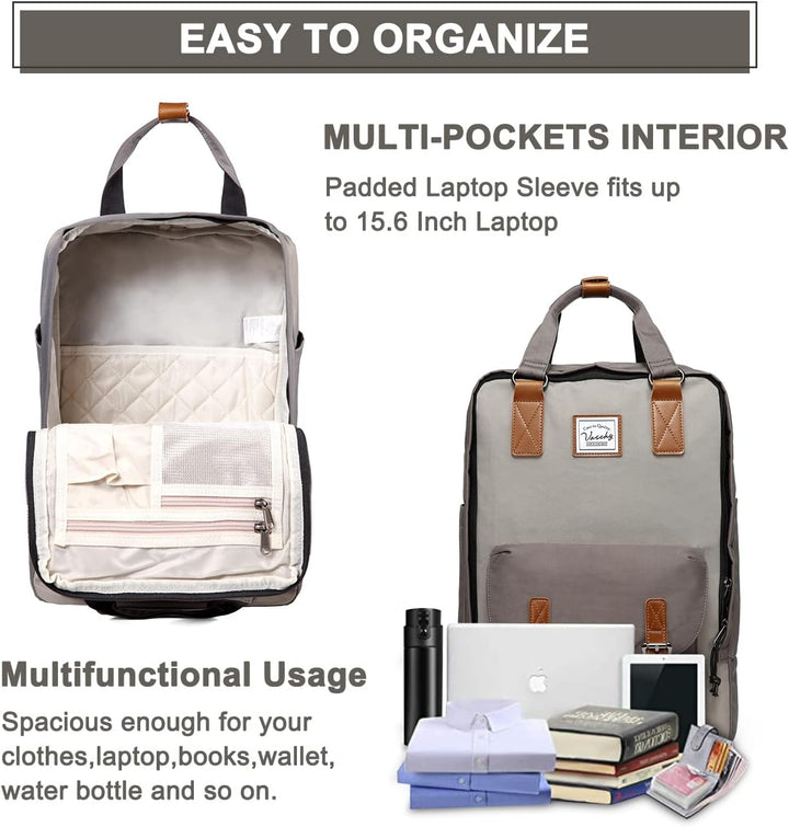 Durable commuter laptop backpack, vintage aesthetic, with spacious compartments for students & pros.