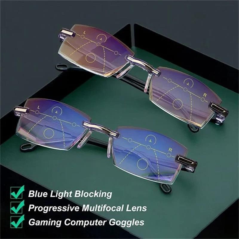 Unisex VisionGuard multifocal glasses with blue light filter for vision correction & eye protection.