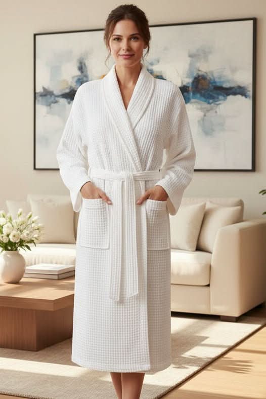 Unisex waffle bathrobe for ultimate home & spa comfort. Breathable loungewear, quick-dry robe.