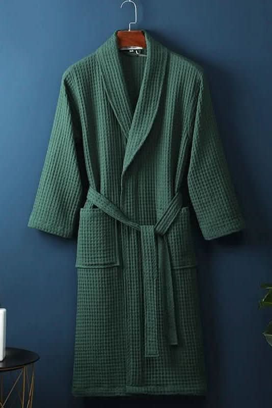 Breathable waffle knit bathrobe, ideal unisex loungewear for post-shower or spa visits. Quick-dry comfort.