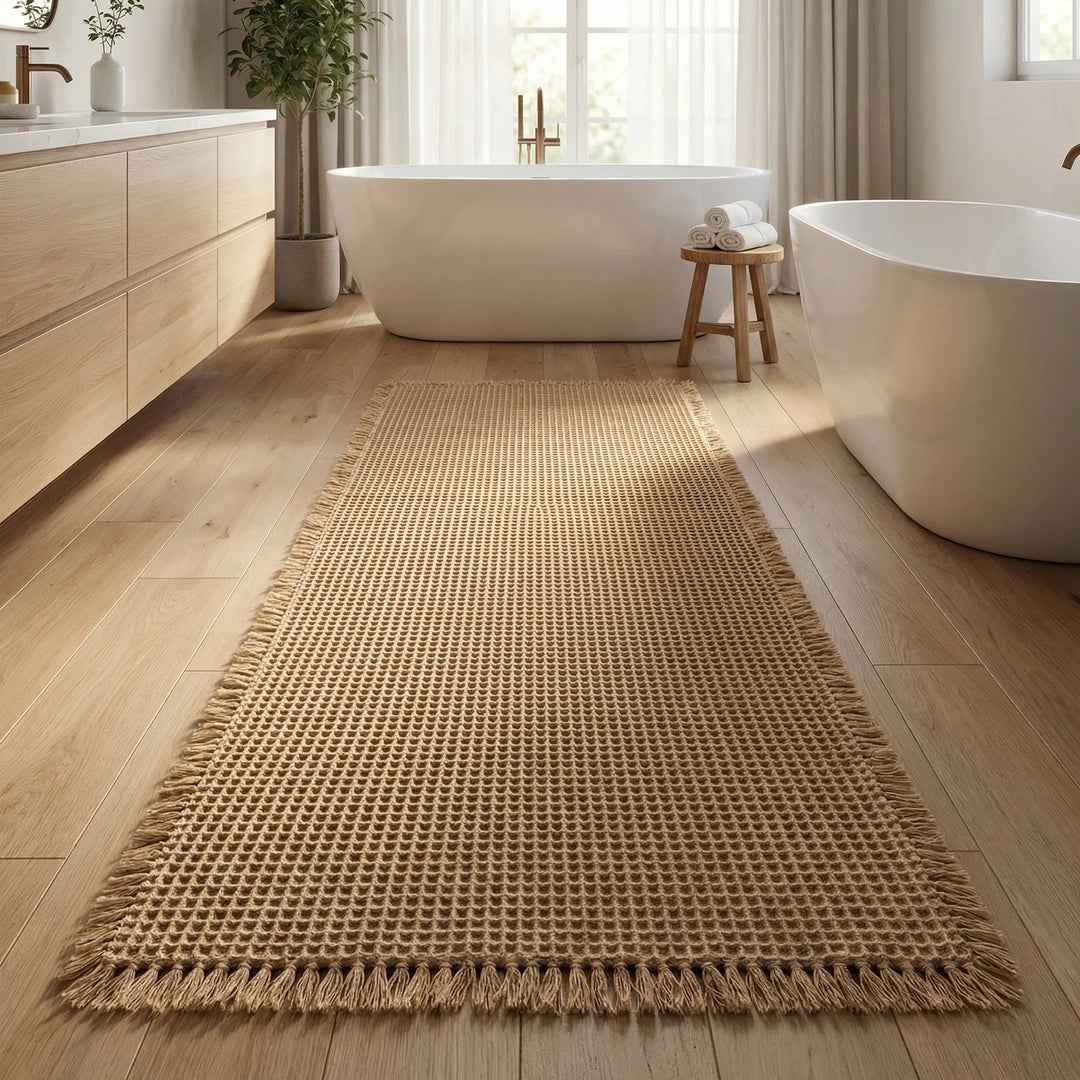 Unisex waffle textured non-slip bath runner mat for absorbent bathroom decor and floor protection.