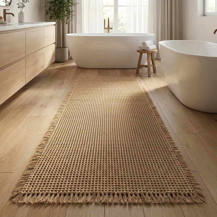 Unisex waffle textured non-slip bath runner mat for absorbent bathroom decor and floor protection.