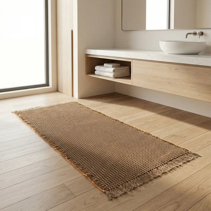Long, absorbent waffle textured non-slip bath runner mat, providing stylish and safe floor protection for bathrooms.